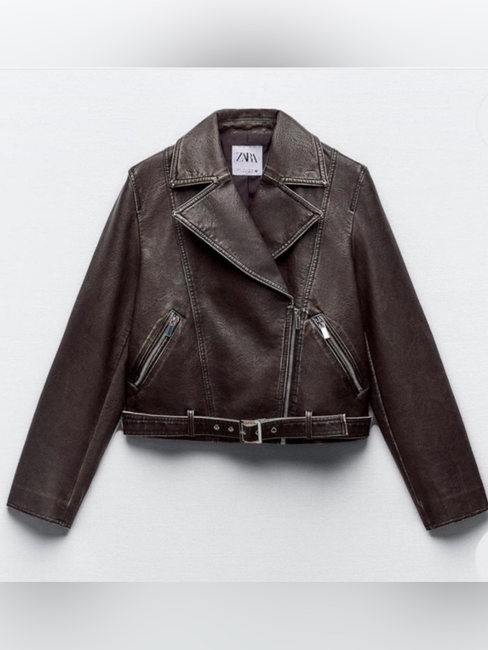 NWT-ZARA Black Cropped Faux Leather Biker Jacket with Belt